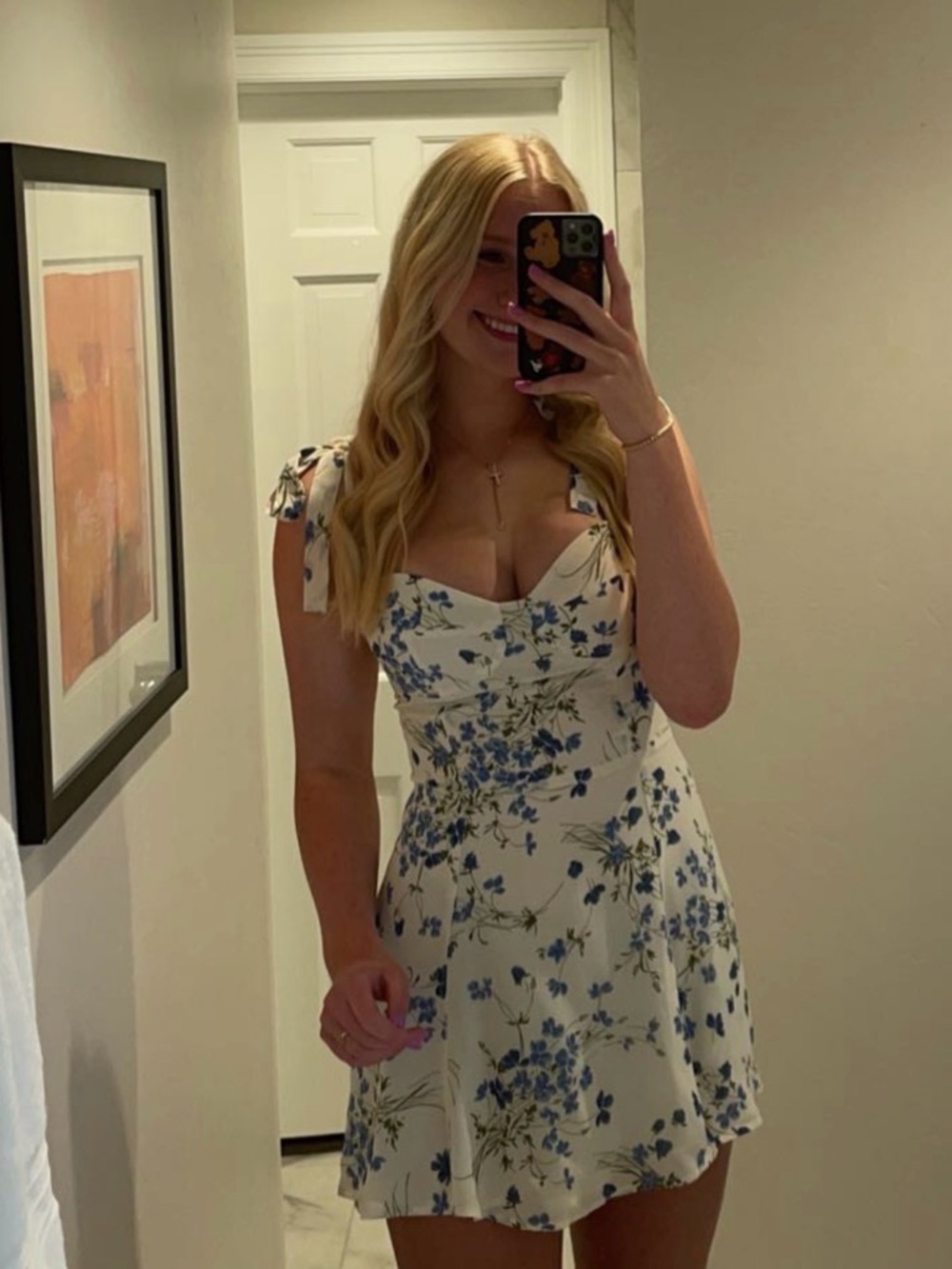 Reformation White Mini Dress with Blue Floral Print